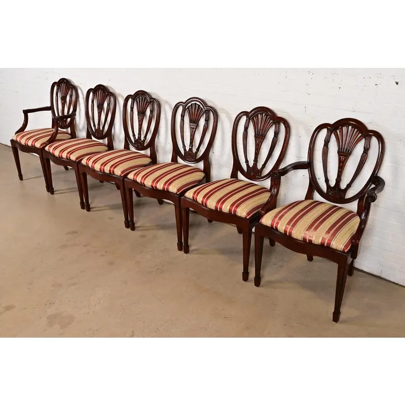 Baker Furniture Style Federal Carved Mahogany Shield Back Dining Chairs, Set of Six - Image 4