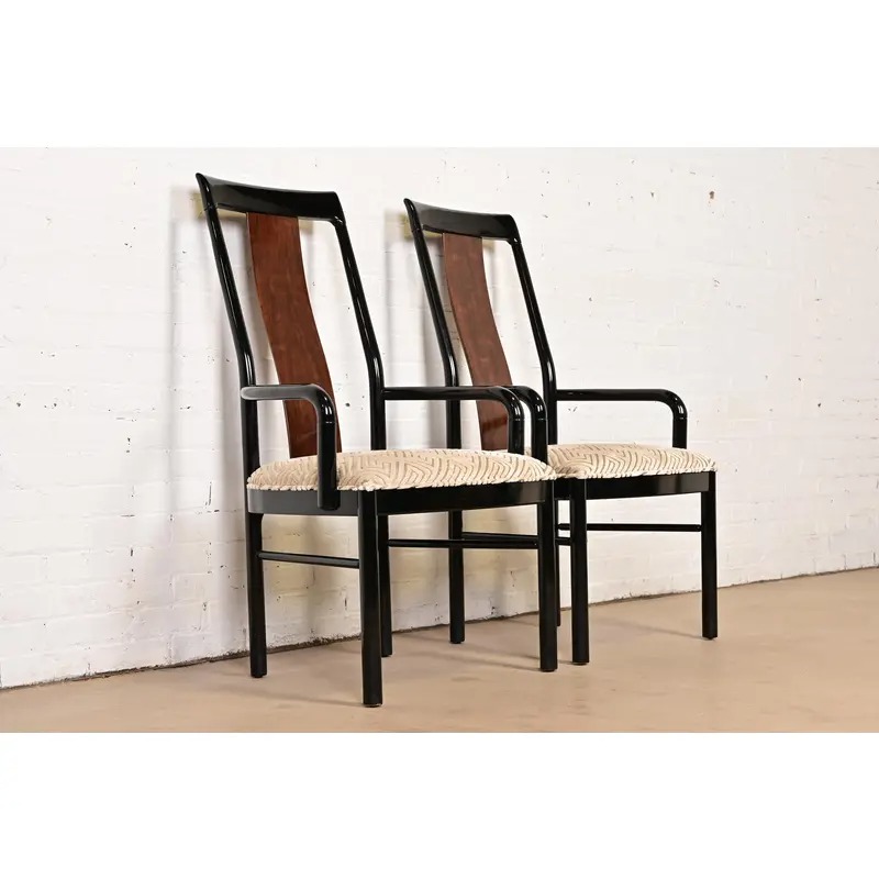 Drexel Heritage Mid-Century Modern Hollywood Regency Black Lacquer and Walnut High Back Armchairs, Pair - Image 4
