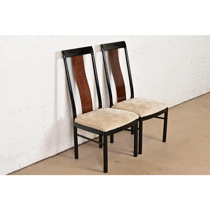 Drexel Heritage Mid-Century Modern Hollywood Regency Black Lacquer and Walnut High Back Dining Chairs, Pair - Image 4