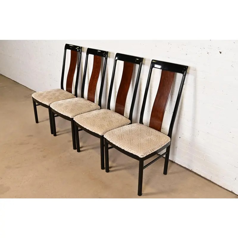 Drexel Heritage Mid-Century Modern Hollywood Regency Black Lacquer and Walnut High Back Dining Chairs, Set of Four - Image 4