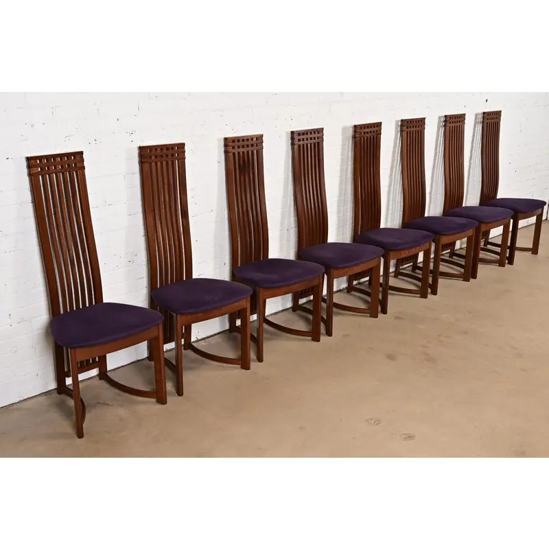 Frank Lloyd Wright Style Arts & Crafts High Back Dining Chairs, Set of Eight - Image 4