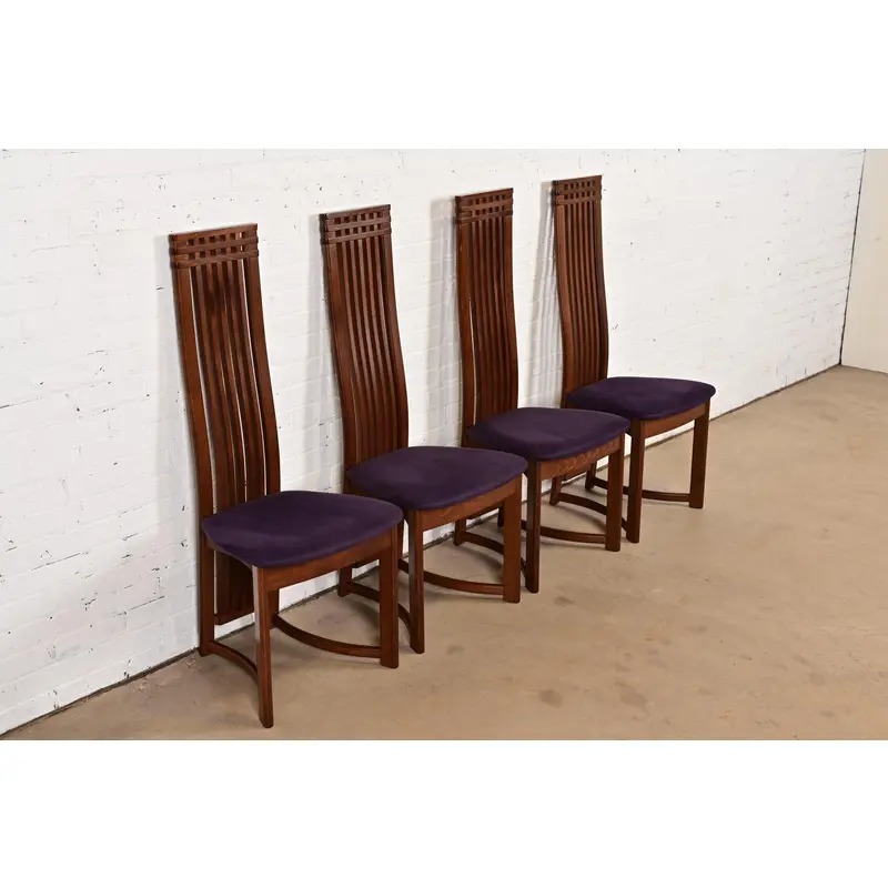 Frank Lloyd Wright Style Arts & Crafts High Back Dining Chairs, Set of Four - Image 4