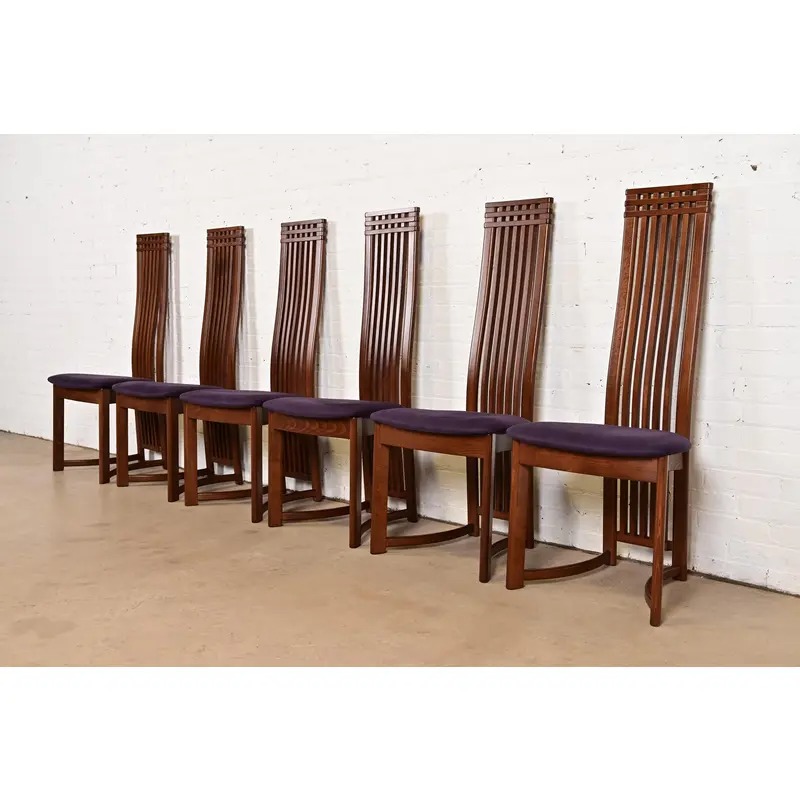 Frank Lloyd Wright Style Arts & Crafts High Back Dining Chairs, Set of Six - Image 4