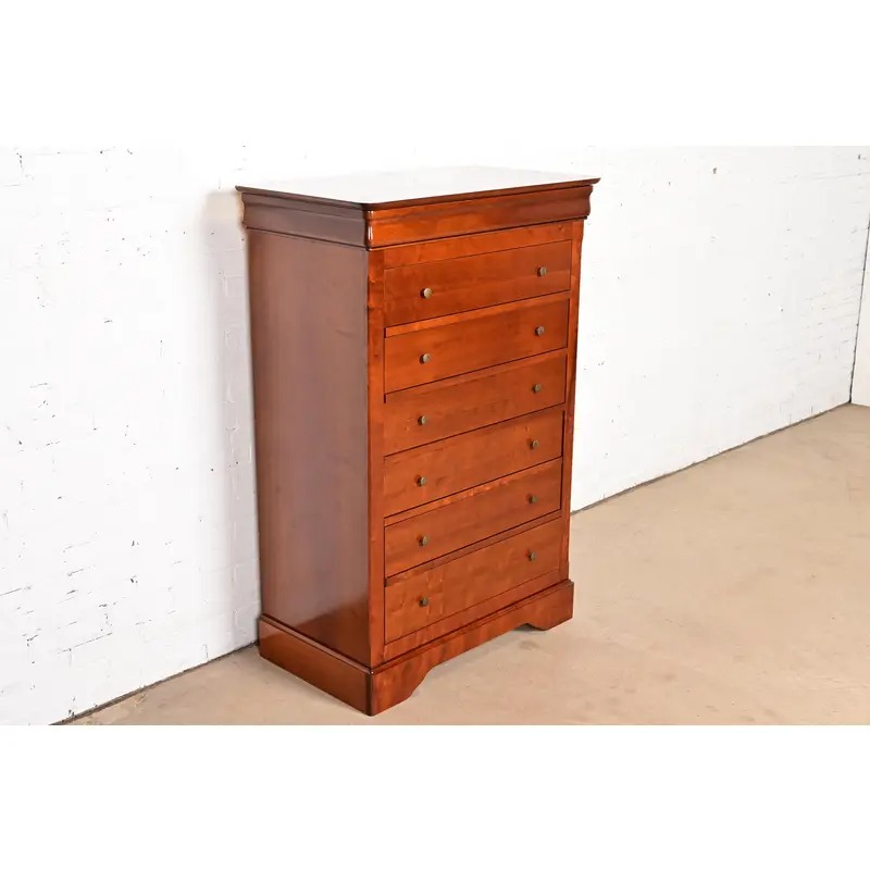 Grange French Louis Philippe Carved Cherry Wood Highboy Dresser or Chest of Drawers - Image 4