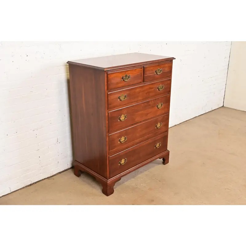Henkel Harris Georgian Solid Cherry Wood Highboy Dresser, Circa 1960s - Image 4
