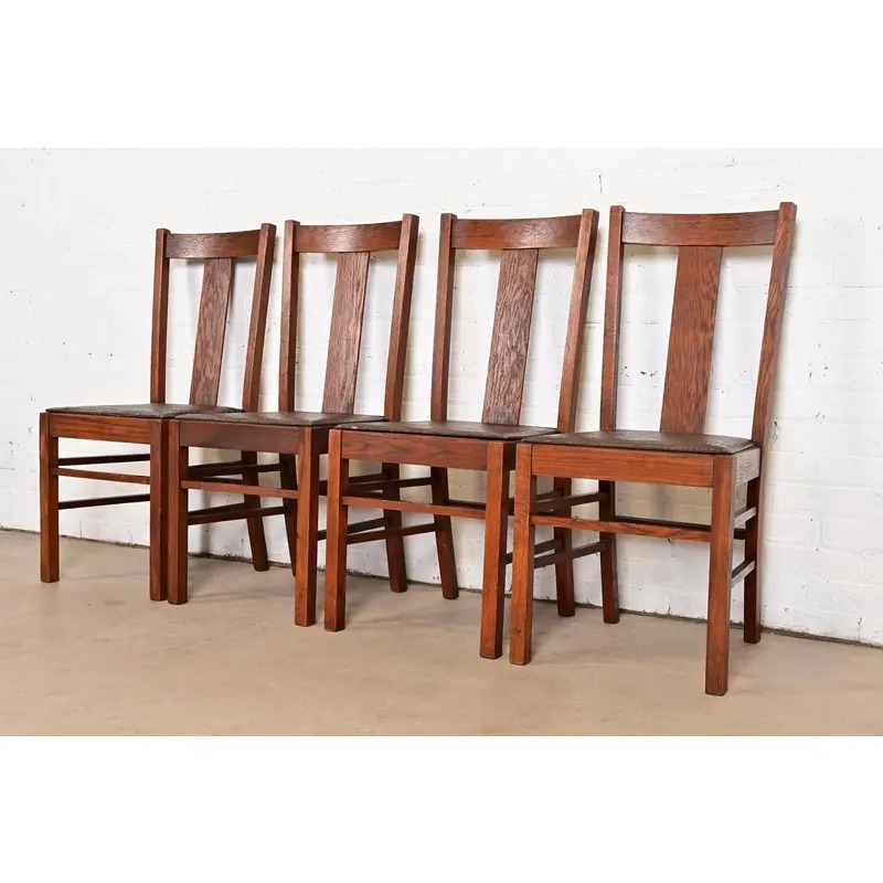 Limbert Style Antique Mission Oak Arts & Crafts T-Back Dining Chairs, Set of Four - Image 4