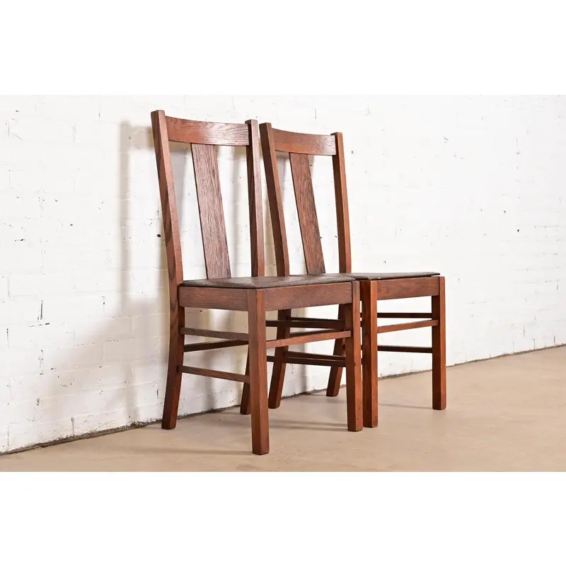 Limbert Style Antique Mission Oak Arts & Crafts T-Back Side Chairs or Dining Chairs, Pair - Image 4