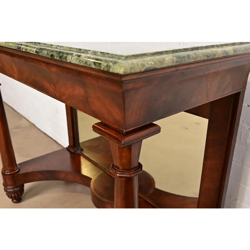 Maitland Smith French Empire of Louis XVI Carved Mahogany Faux Marble Top Console Table With Mirrored Back - Image 4