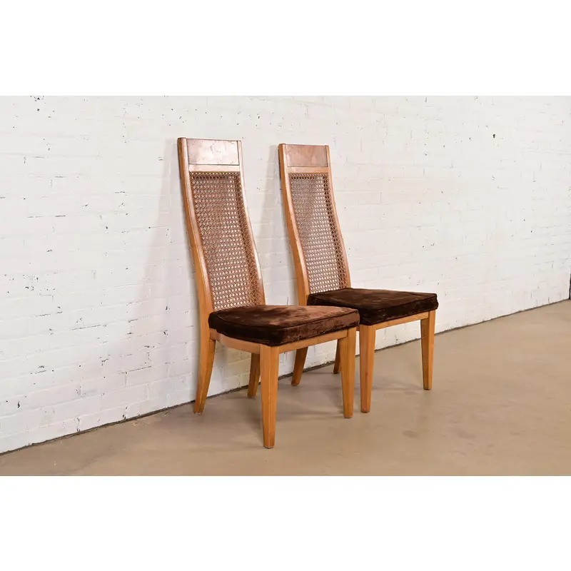 Milo Baughman Style Mid-Century Modern Burl Wood and Cane High Back Dining Chairs by Lane, Pair - Image 4