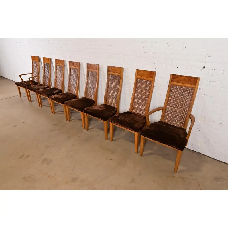 Milo Baughman Style Mid-Century Modern Burl Wood and Cane High Back Dining Chairs by Lane, Set of Eight - Image 4