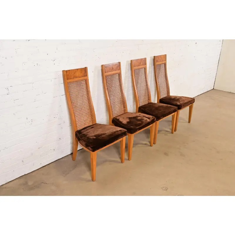 Milo Baughman Style Mid-Century Modern Burl Wood and Cane High Back Dining Chairs by Lane, Set of Four - Image 4