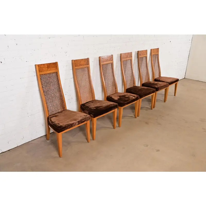 Milo Baughman Style Mid-Century Modern Burl Wood and Cane High Back Dining Chairs by Lane, Set of Six - Image 4