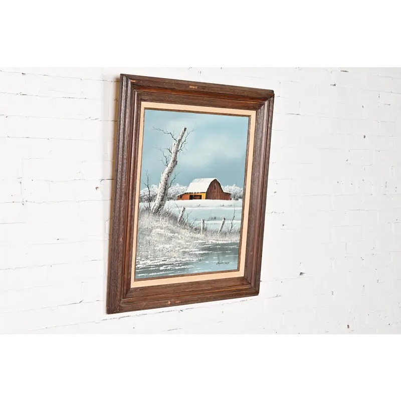 Original Artist Signed "Barn in Snowfall" Oil Painting on Canvas in Carved Wood Frame - Image 4