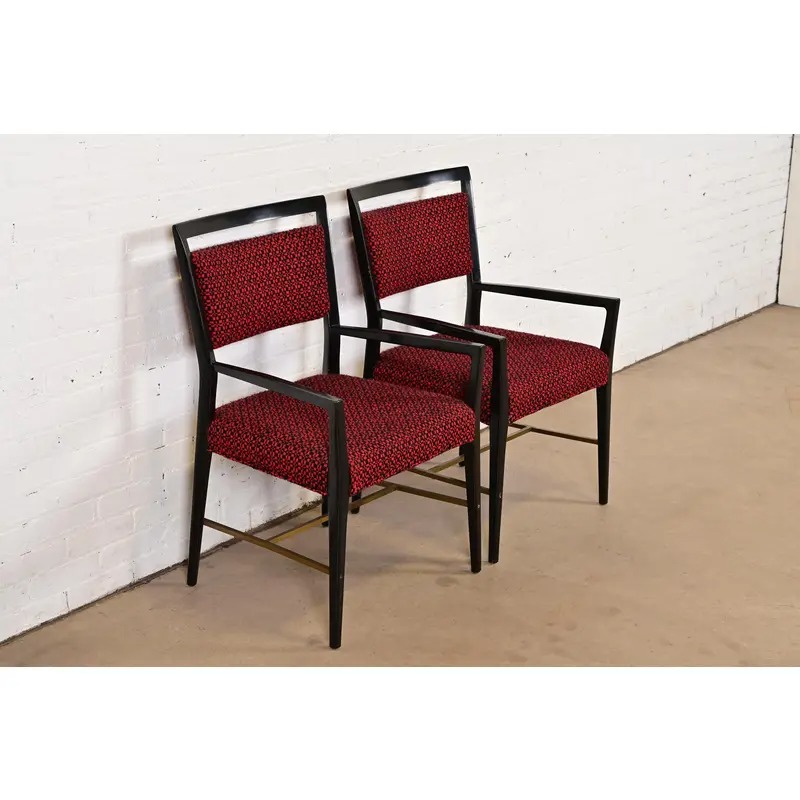 Paul McCobb Connoisseur Collection Black Lacquered Mahogany and Brass Armchairs, Pair - Image 4
