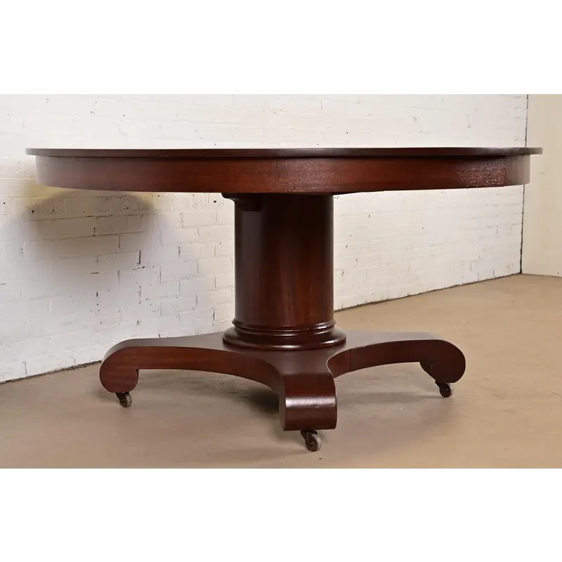 R. J. Horner Style Antique American Empire Monumental Carved Mahogany Pedestal Extension Dining Table, Newly Refinished - Image 4