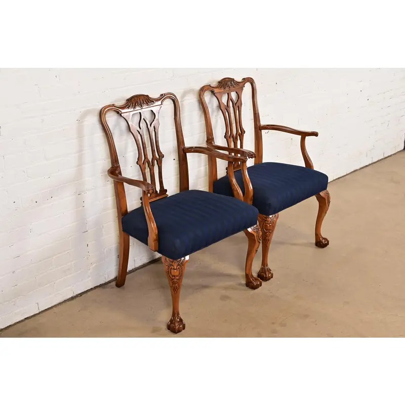 Romweber Chippendale Carved Walnut and Burl Wood Armchairs, Pair - Image 4