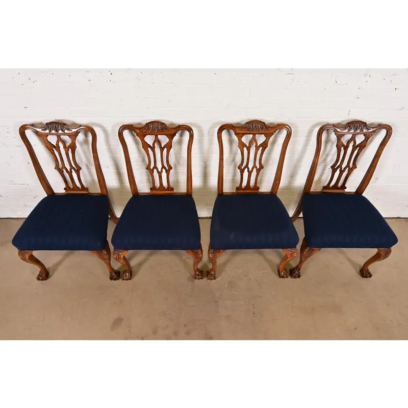 Romweber Chippendale Carved Walnut and Burl Wood Dining Chairs, Set of Four - Image 4