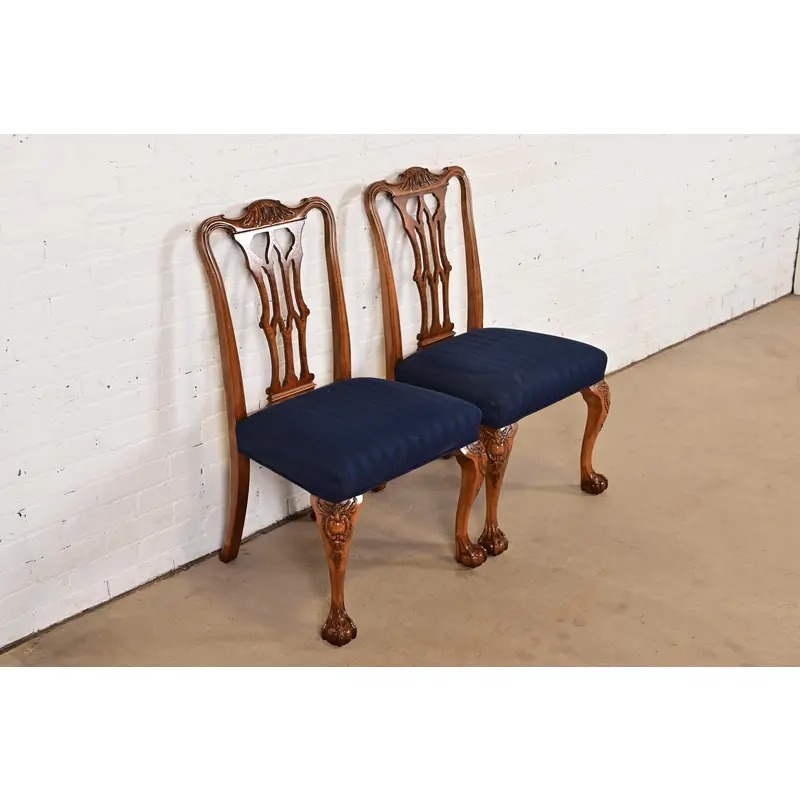 Romweber Chippendale Carved Walnut and Burl Wood Side Chairs or Dining Chairs, Pair - Image 4