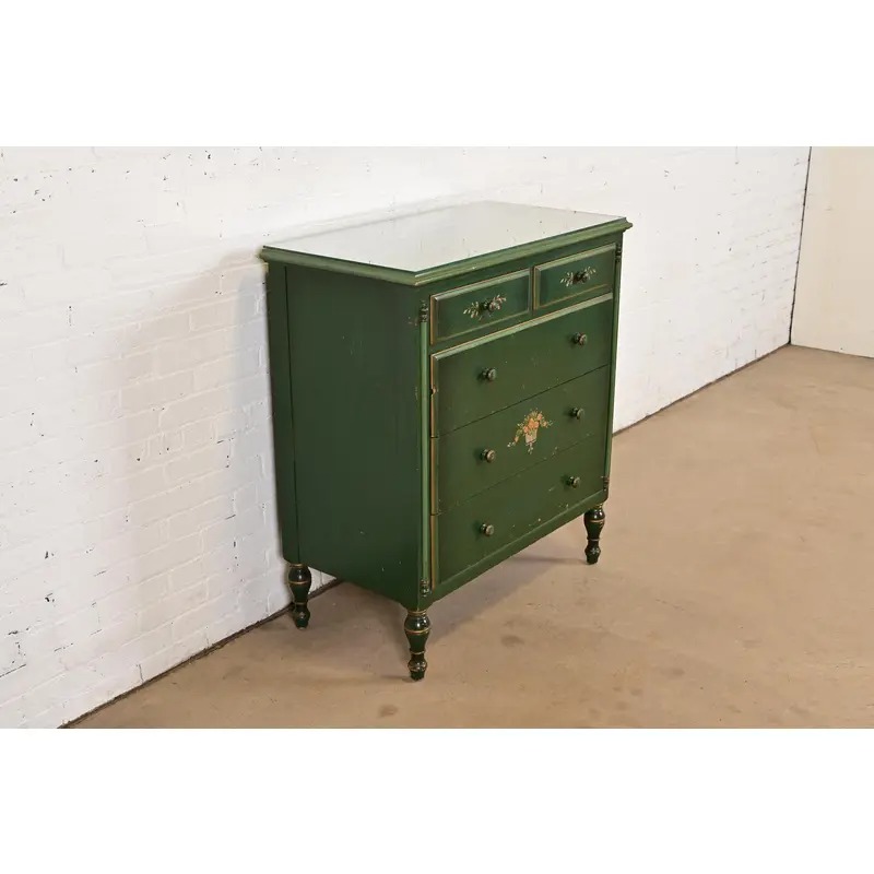 Stickley Brothers Antique Early American Country Cottage Green Lacquered Floral Painted Dresser, Circa 1920s - Image 4