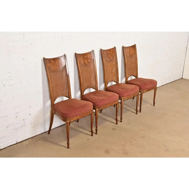 William Doezema for Mastercraft Mid-Century Modern Hollywood Regency Burl Wood and Cane Back Dining Chairs, Set of Four - Image 4