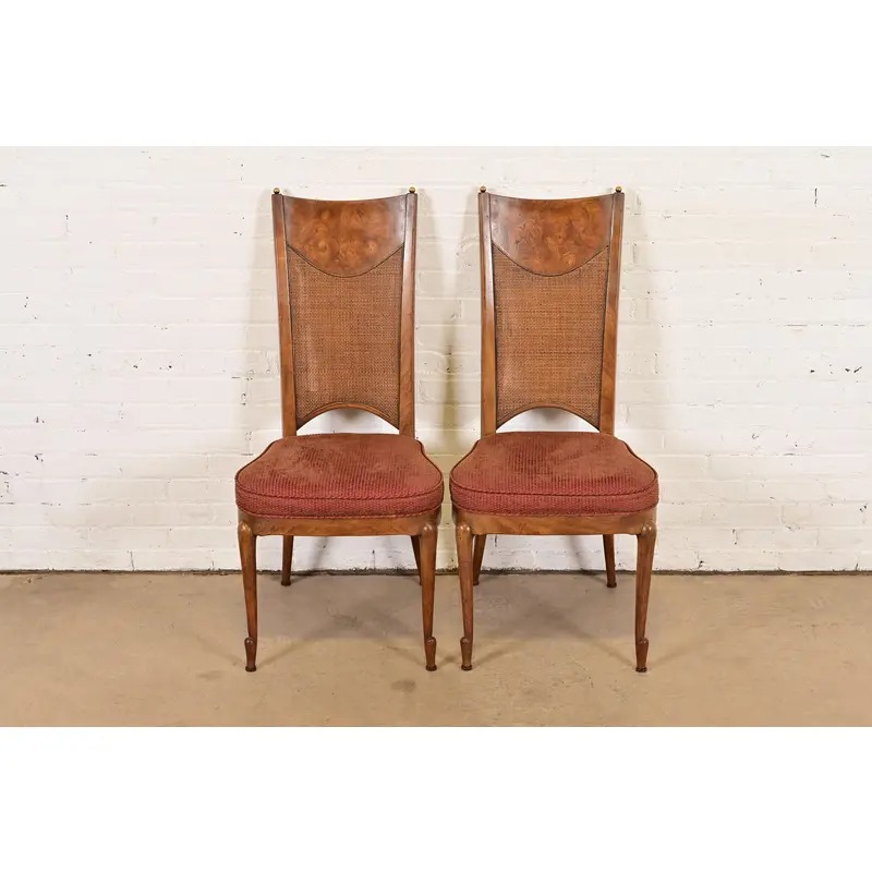 William Doezema for Mastercraft Mid-Century Modern Hollywood Regency Burl Wood and Cane Back Side Chairs or Dining Chairs, Pair - Image 4