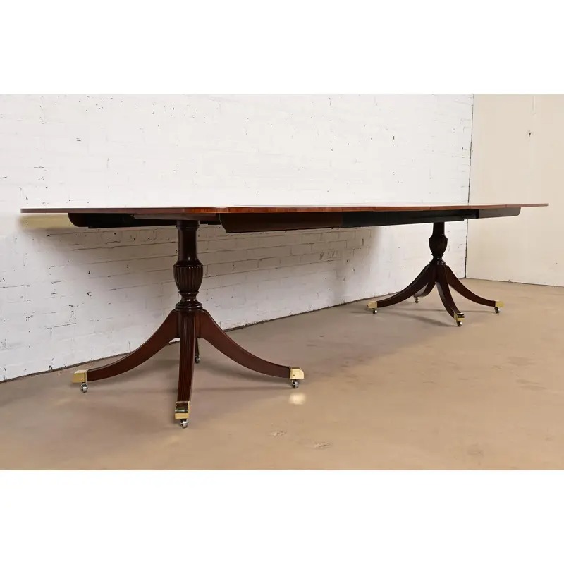 Baker Furniture Georgian Banded Mahogany Double Pedestal Extension Dining Table, Newly Refinished - Image 5