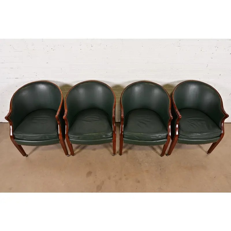 Baker Furniture Regency Carved Mahogany Leather Upholstered Lounge Chairs, Set of Four - Image 5