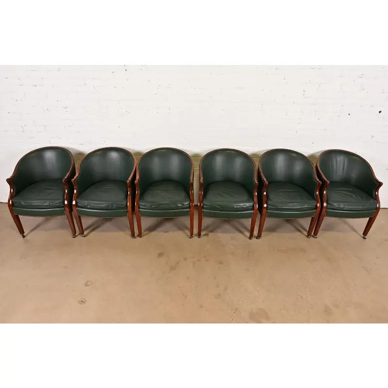 Baker Furniture Regency Carved Mahogany Leather Upholstered Lounge Chairs, Set of Six - Image 5