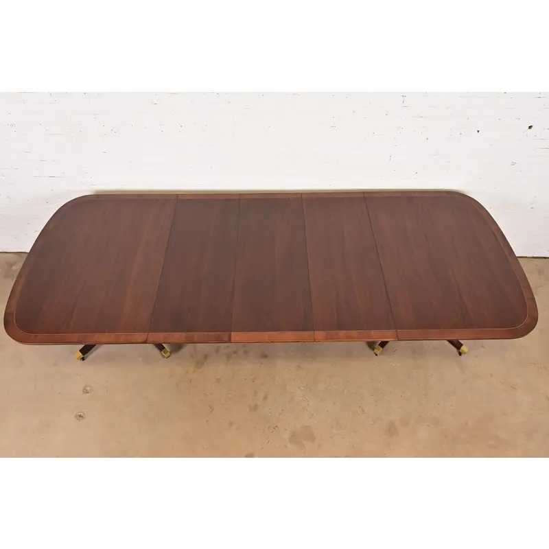 Baker Furniture Style English Georgian Banded Mahogany Double Pedestal Extension Dining Table, Newly Refinished - Image 5