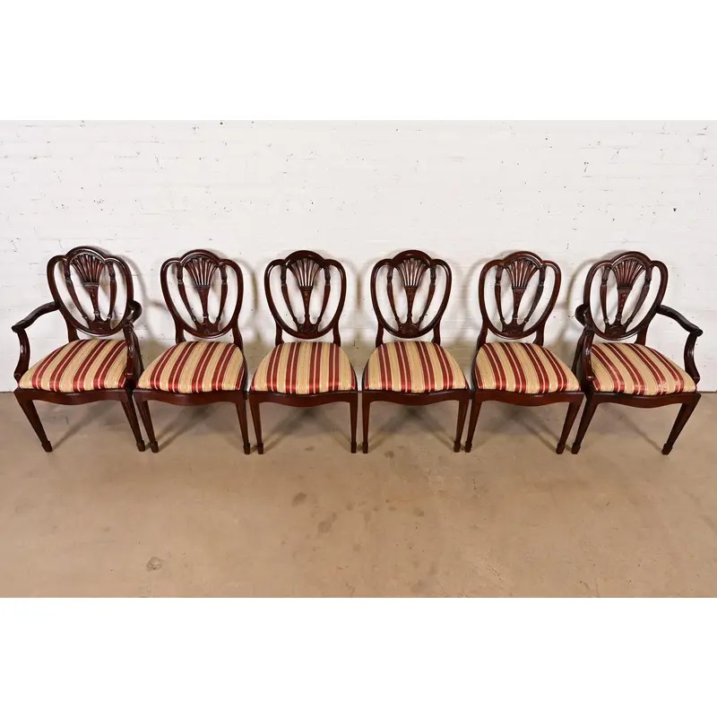 Baker Furniture Style Federal Carved Mahogany Shield Back Dining Chairs, Set of Six - Image 5