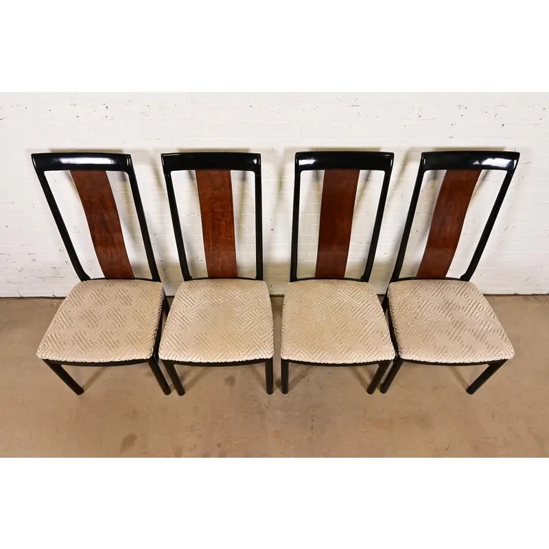 Drexel Heritage Mid-Century Modern Hollywood Regency Black Lacquer and Walnut High Back Dining Chairs, Set of Four - Image 5