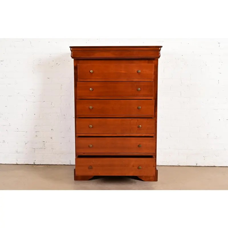 Grange French Louis Philippe Carved Cherry Wood Highboy Dresser or Chest of Drawers - Image 5
