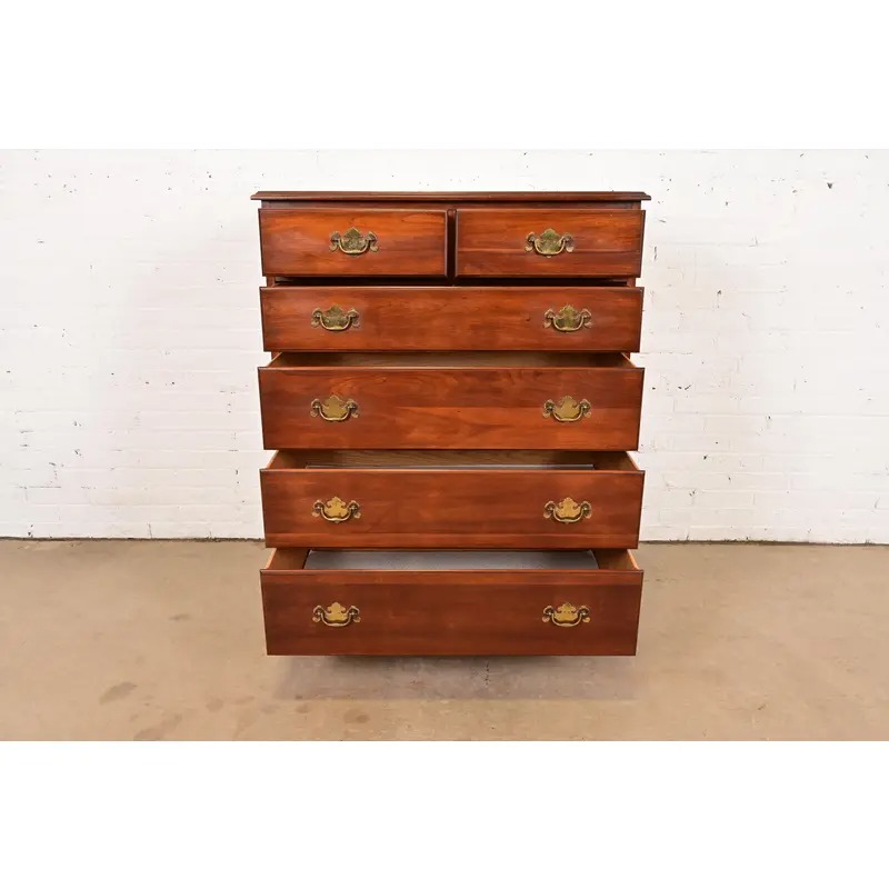 Henkel Harris Georgian Solid Cherry Wood Highboy Dresser, Circa 1960s - Image 5