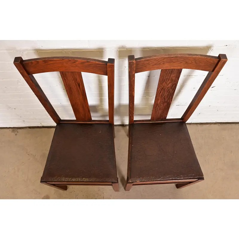 Limbert Style Antique Mission Oak Arts & Crafts T-Back Side Chairs or Dining Chairs, Pair - Image 5
