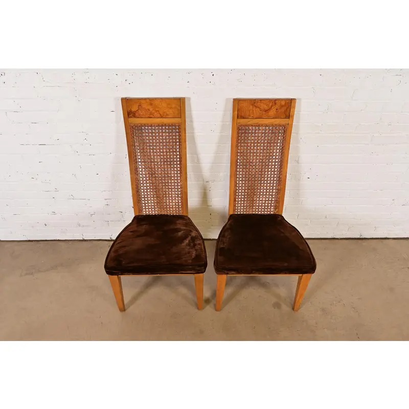 Milo Baughman Style Mid-Century Modern Burl Wood and Cane High Back Dining Chairs by Lane, Pair - Image 5