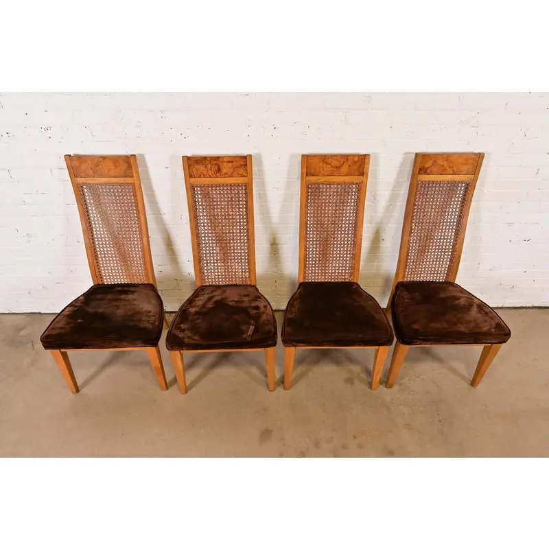Milo Baughman Style Mid-Century Modern Burl Wood and Cane High Back Dining Chairs by Lane, Set of Four - Image 5