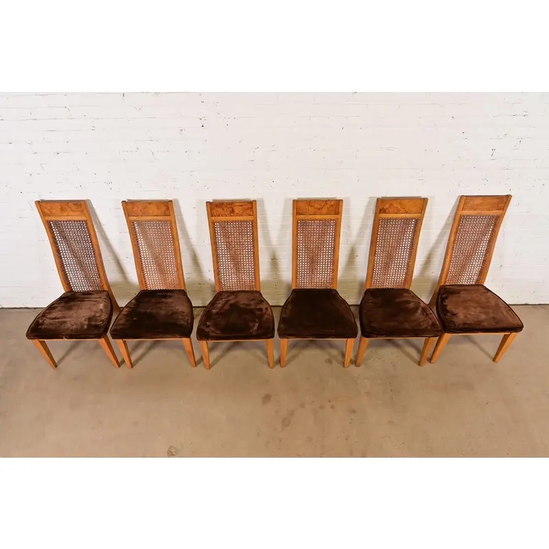 Milo Baughman Style Mid-Century Modern Burl Wood and Cane High Back Dining Chairs by Lane, Set of Six - Image 5