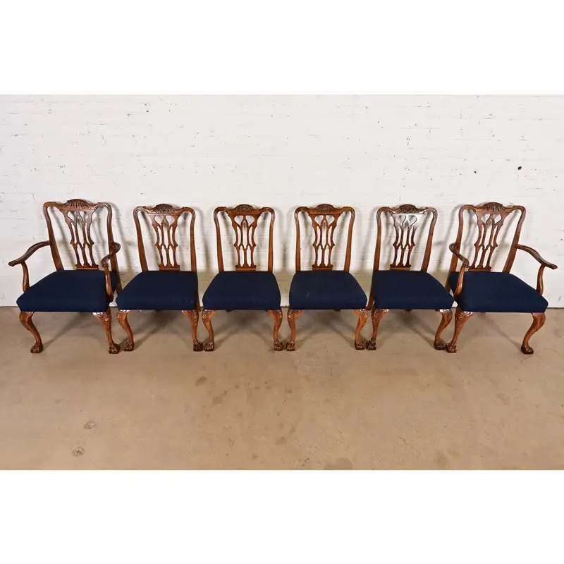 Romweber Chippendale Carved Walnut and Burl Wood Dining Chairs, Set of Six - Image 5