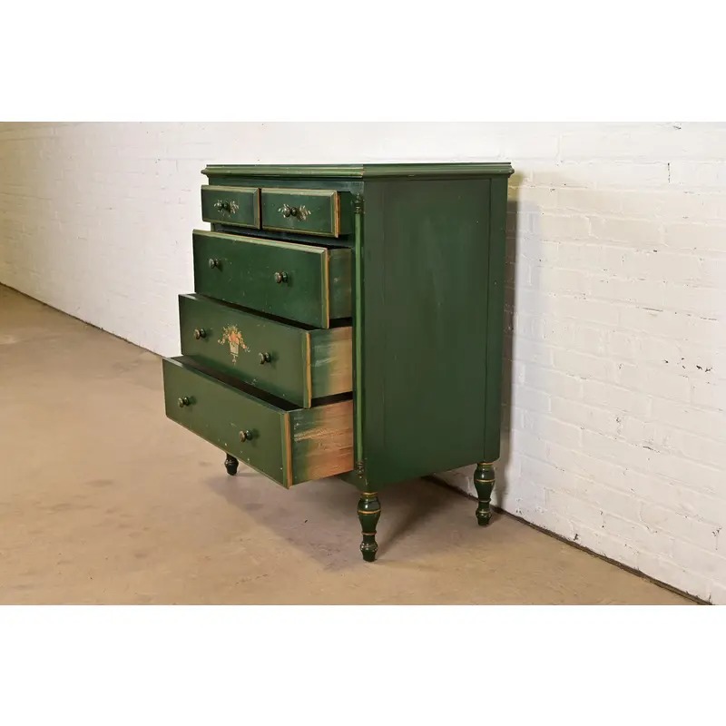 Stickley Brothers Antique Early American Country Cottage Green Lacquered Floral Painted Dresser, Circa 1920s - Image 5