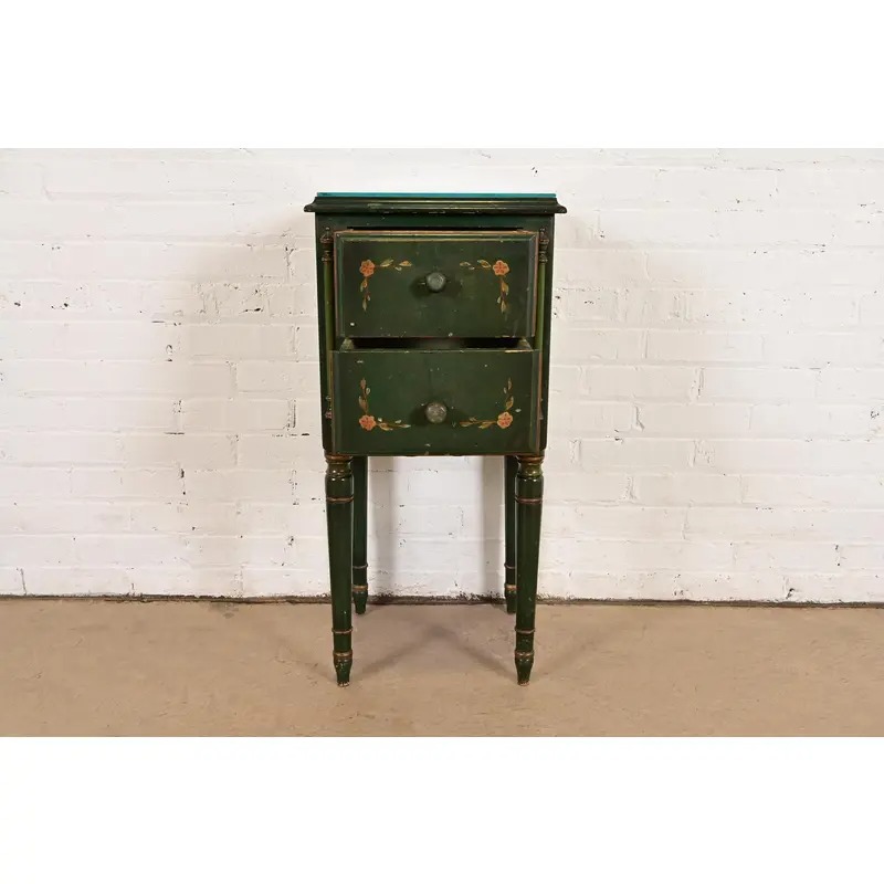 Stickley Brothers Antique Early American Country Cottage Green Lacquered Floral Painted Nightstand, Circa 1920s - Image 5