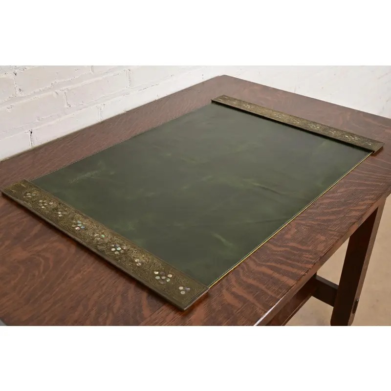 Tiffany Studios New York Bronze and Abalone Blotter Ends With Leather Desk Blotter - Image 5