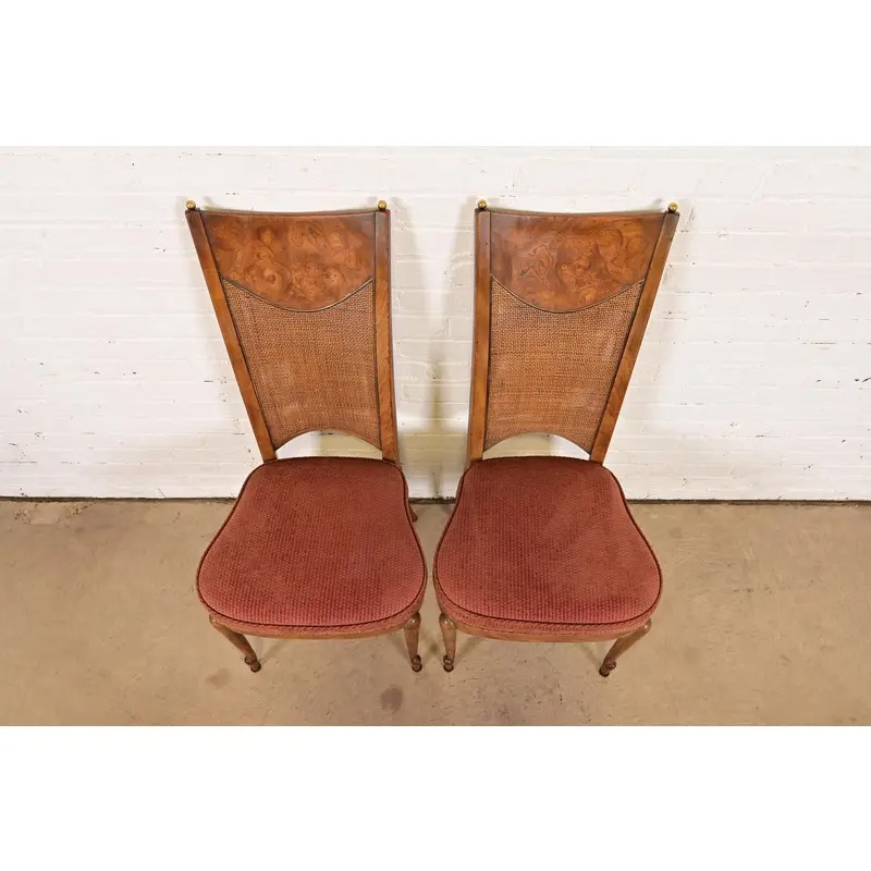 William Doezema for Mastercraft Mid-Century Modern Hollywood Regency Burl Wood and Cane Back Side Chairs or Dining Chairs, Pair - Image 5