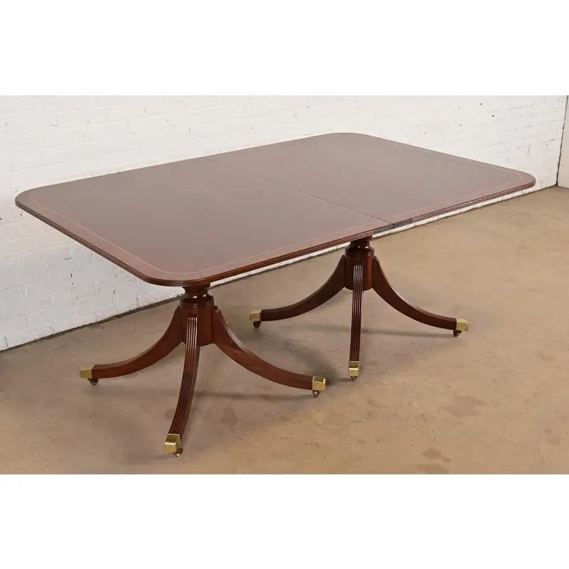 Baker Furniture Historic Charleston Georgian Banded Mahogany Double Pedestal Extension Dining Table, Newly Refinished - Image 6