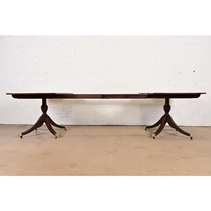 Baker Furniture Style English Georgian Banded Mahogany Double Pedestal Extension Dining Table, Newly Refinished - Image 6