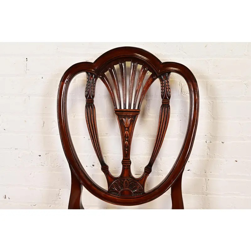 Baker Furniture Style Federal Carved Mahogany Shield Back Dining Chairs, Set of Four - Image 6