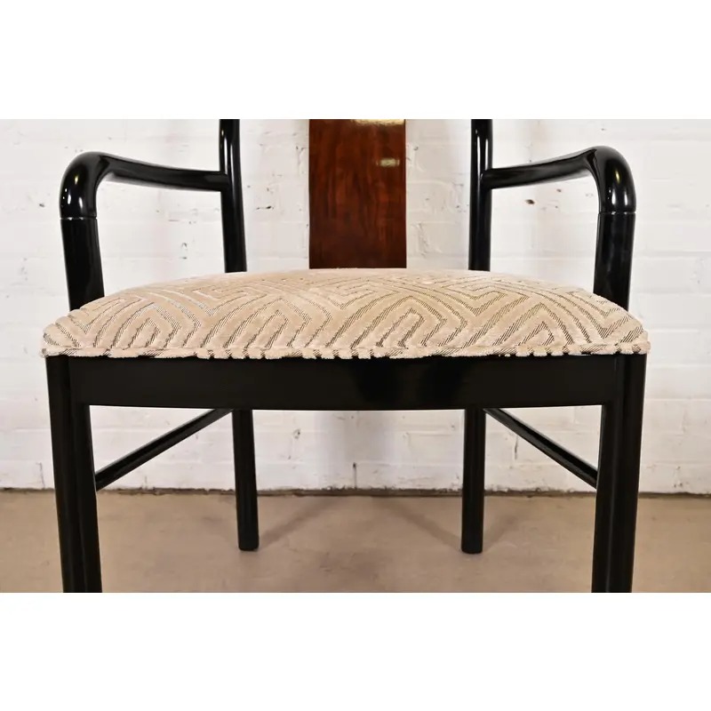 Drexel Heritage Mid-Century Modern Hollywood Regency Black Lacquer and Walnut High Back Armchairs, Pair - Image 6