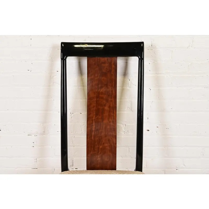 Drexel Heritage Mid-Century Modern Hollywood Regency Black Lacquer and Walnut High Back Dining Chairs, Set of Four - Image 6