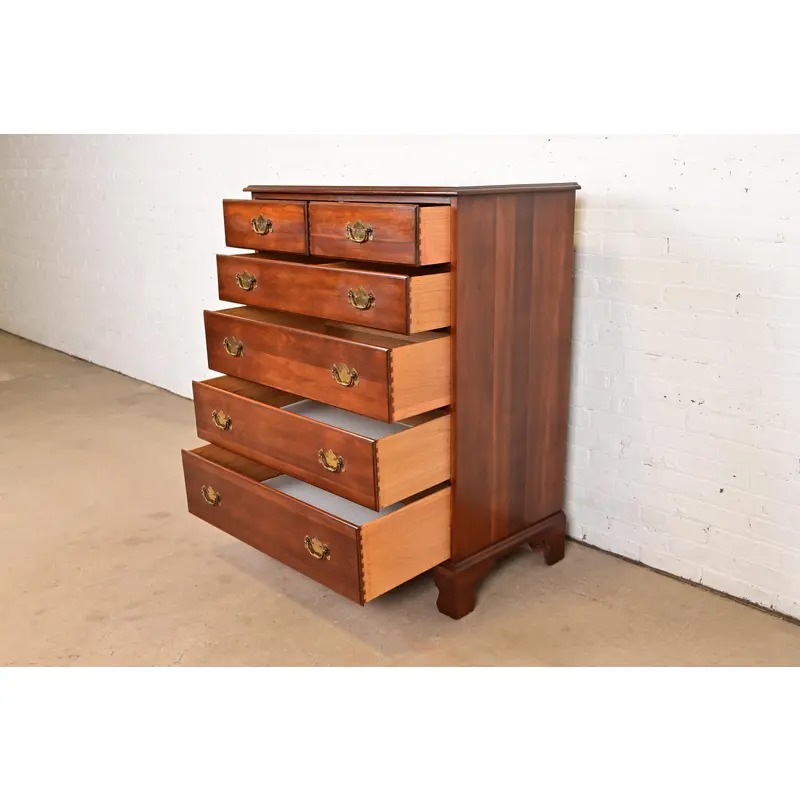 Henkel Harris Georgian Solid Cherry Wood Highboy Dresser, Circa 1960s - Image 6