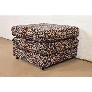 Milo Baughman Style Mid-Century Modern Leopard Print Upholstered Ottoman, Circa 1970s