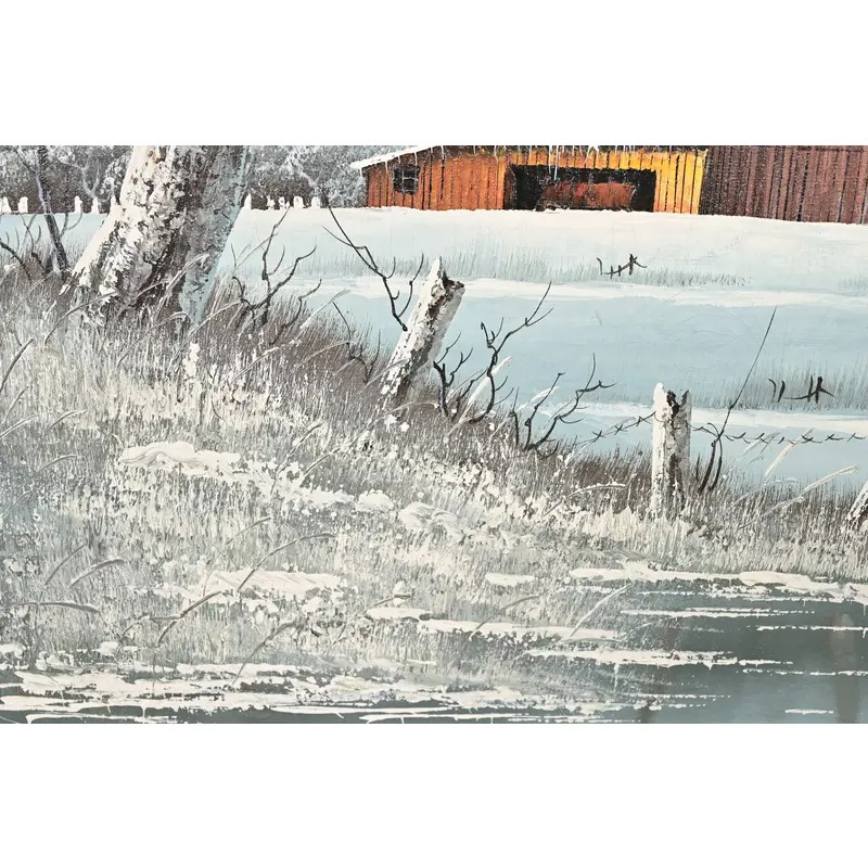 Original Artist Signed "Barn in Snowfall" Oil Painting on Canvas in Carved Wood Frame - Image 6